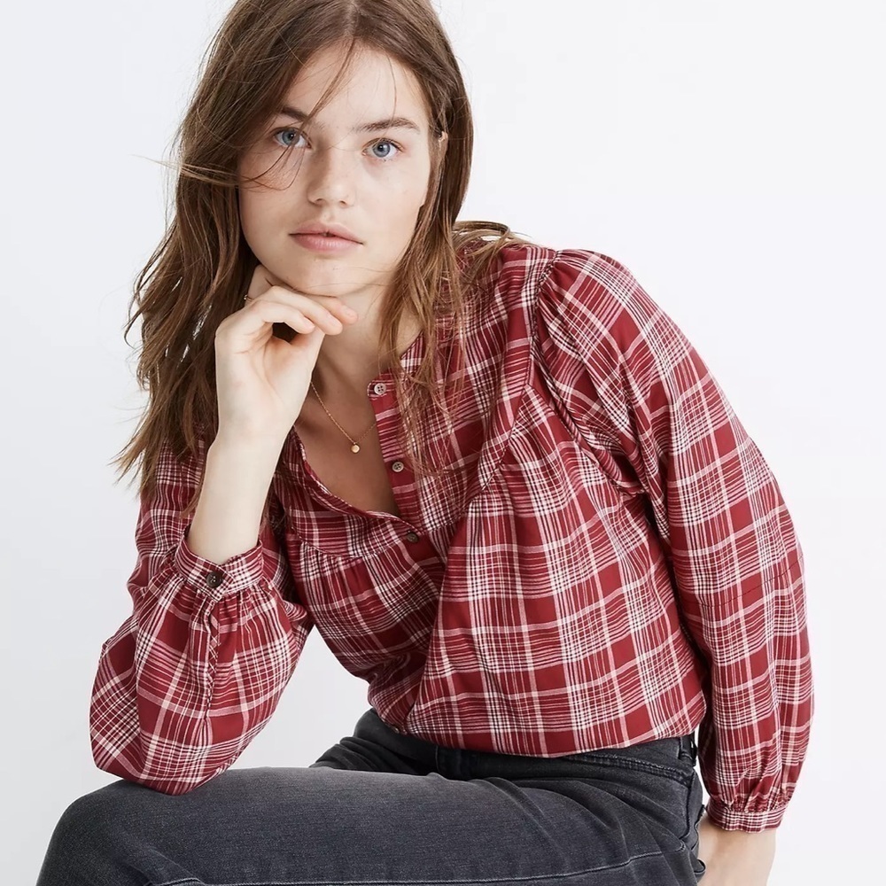 Madewell Balloon-Sleeve Peasant Top in Plaid